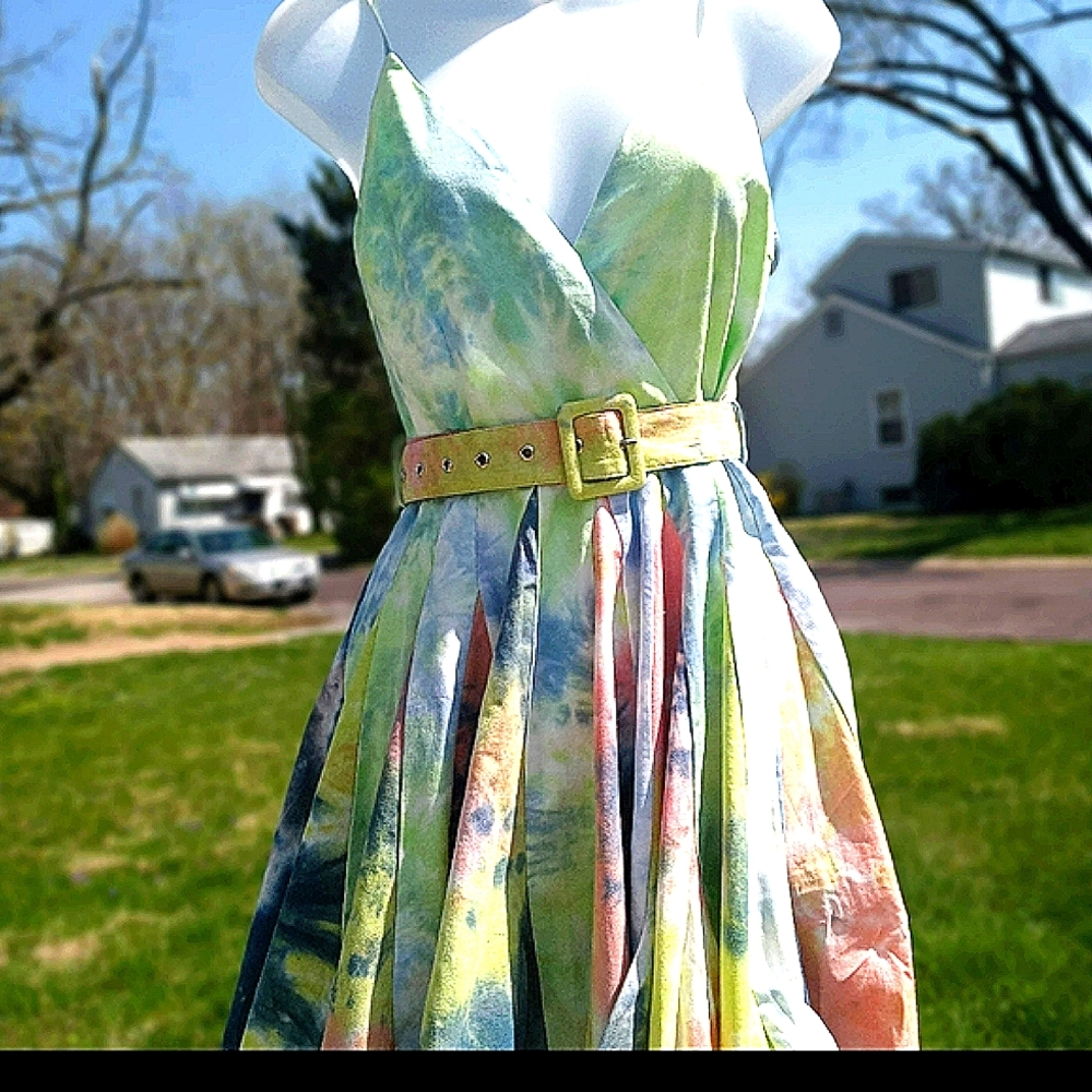 NEW! Tye Dye Flare Dress, Multi Layer, Adjustable Strap, S-3XL, Zipper,Belt